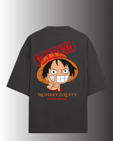 Wanted Monkey D. Luffy print on a premium Terry oversized t-shirt, featuring a One Piece anime design for fans of the series.