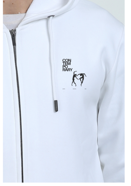 "Unisex heavyweight zip hoodie with an abstract print of two dancing figures and bold 'CONTEMPORARY' text. Black hoodie with modern minimalist design, offering a relaxed and warm fit."