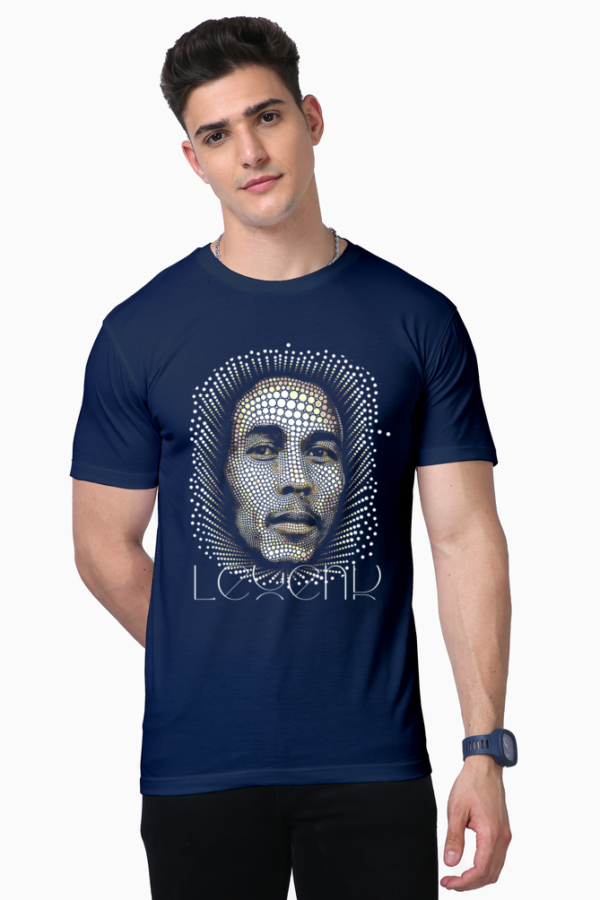 Unisex 160 GSM Supima cotton t-shirt featuring a striking 3D Bob Marley print on both the front and back, perfect for music lovers and reggae fans.