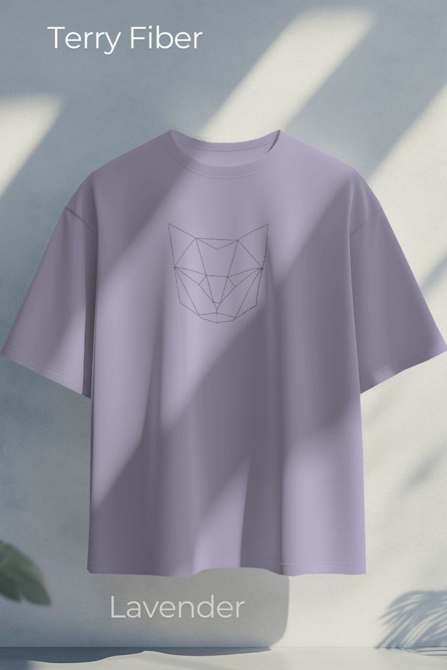 Unisex oversized terry fiber t-shirt with a geometric cat print on the front, designed for premium comfort and modern streetwear fashion.